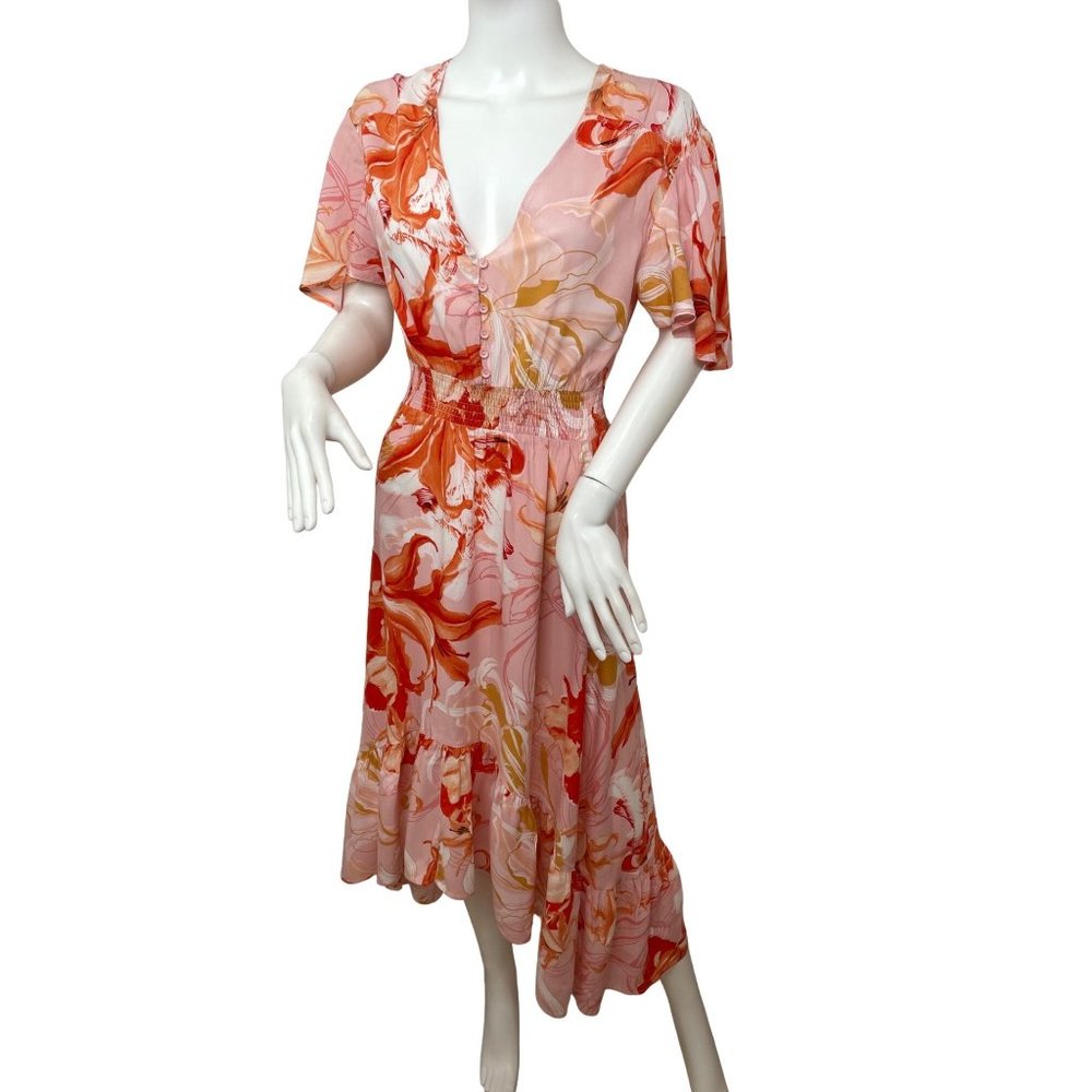 Abel the Label Dress S Hi/Lo Midi Flutter Sleeves Red Orange pink gold V-Neck